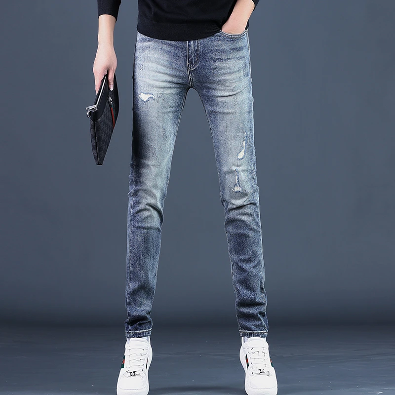 Cebrodz2025秋冬季新款高端破洞男士牛仔裤修身小脚弹力休闲裤子