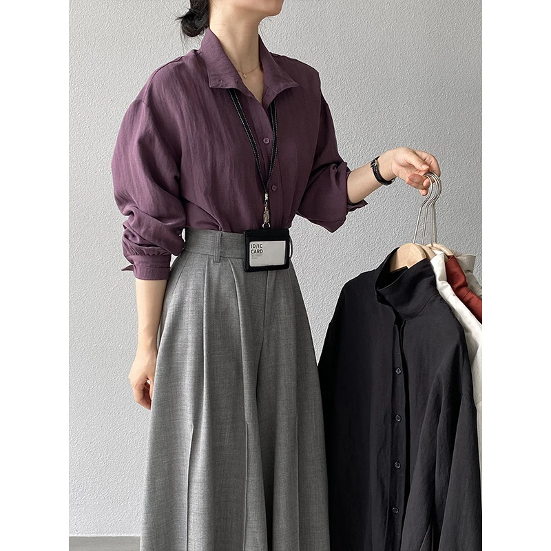 江左利亚德画家天丝亚麻韩系纯色长袖衬衣女叠穿女式衬衫秋装