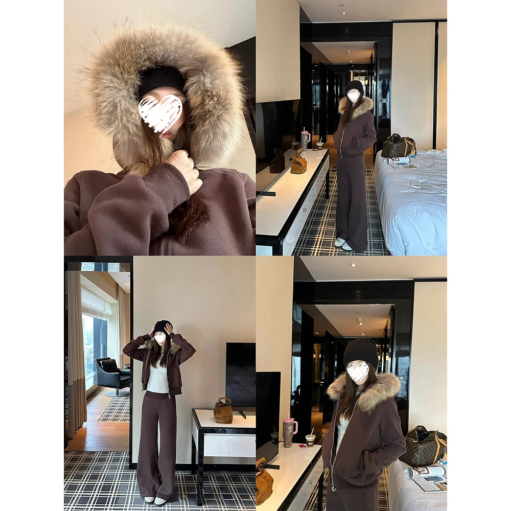 毛领连帽拉链卫衣开衫女秋冬松紧腰阔腿宽松长裤套装 61053