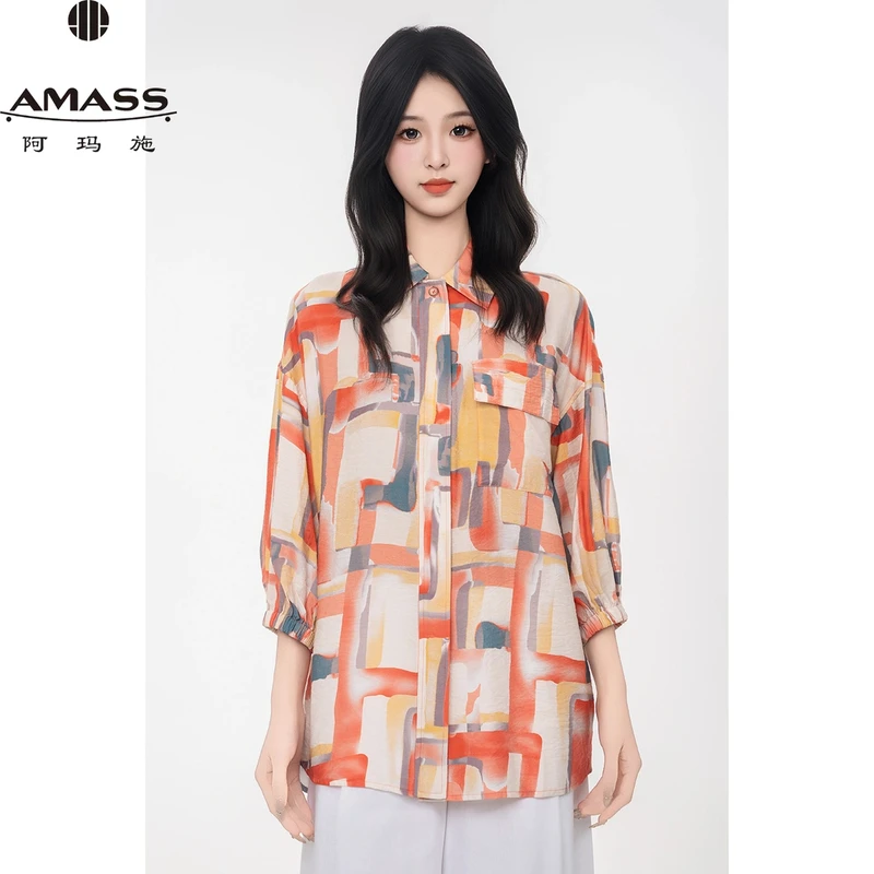 AMASS/阿玛施夏季新款复古印花休闲宽松轻薄七分袖衬衫女 5300905
