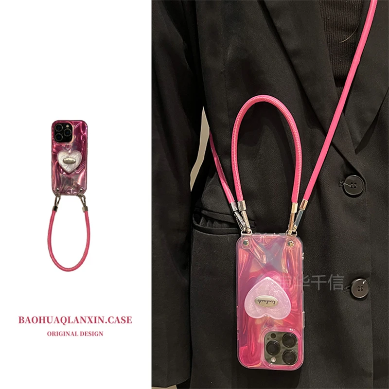 玫红色晕染波纹适用于苹果16promax手机壳16pro支架15pro小众13女