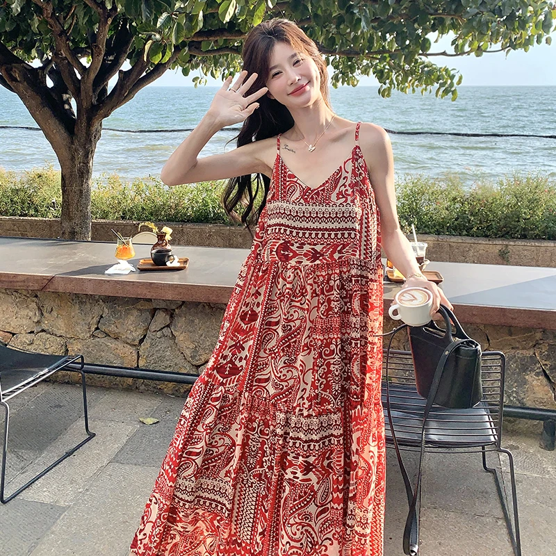 吊带印花荡领法式橘红度假连衣裙法式韩版薄款夏季碎花显瘦气质