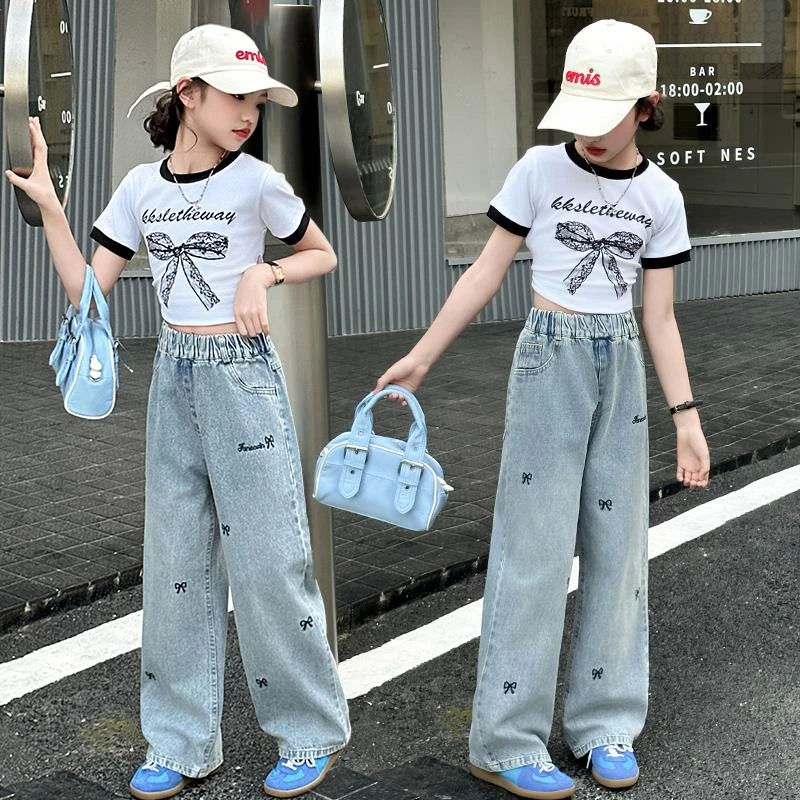 范哲萨女童夏装套装2025新款儿童洋气时髦女孩网红恤阔腿裤两件套