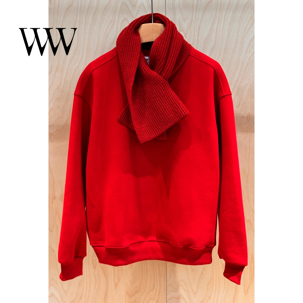 秋冬保暖带围巾卫衣上衣长袖休闲红色宽松加绒圆领