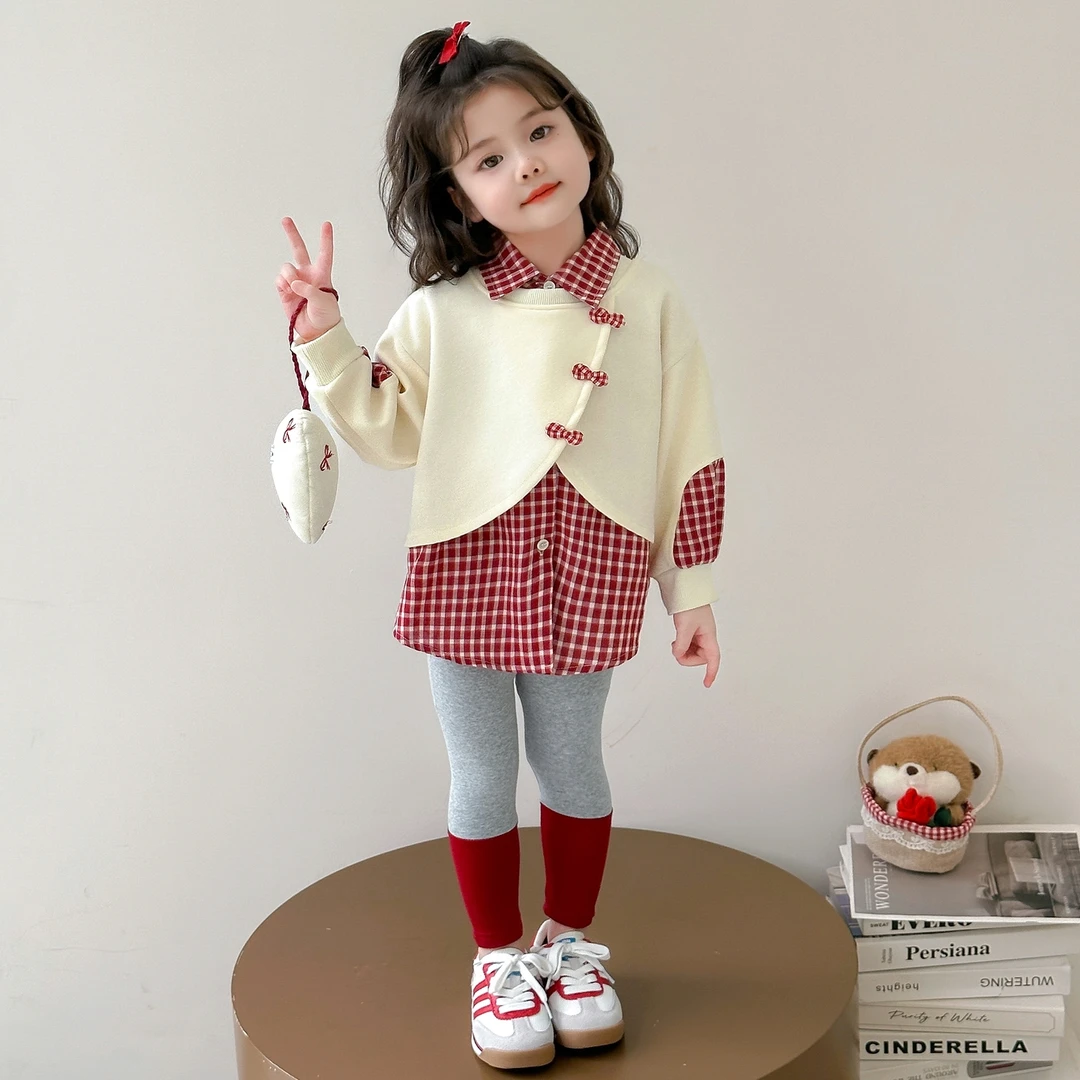 女童春秋季套装洋气小熊标假两件中小童时尚秋款套装儿童网红秋装