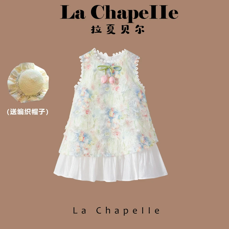 La chapelle拉夏贝尔女童国风连衣裙蕾丝花朵无袖夏季A字裙碎花裙
