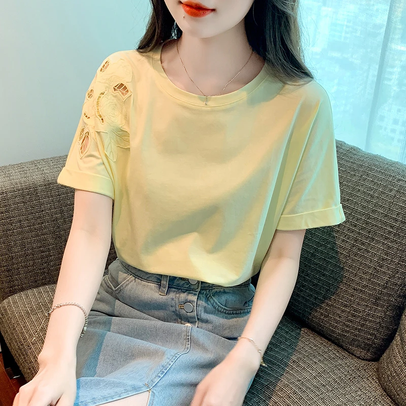 时尚圆领正肩短袖t恤女夏季2025夏新款宽松刺绣小衫女士百搭上衣