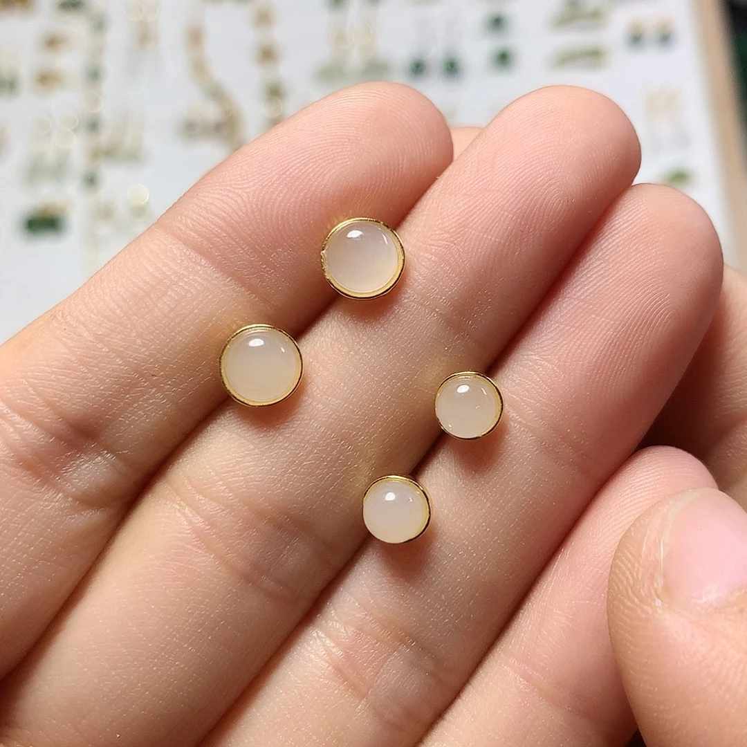 银S925镀金镶嵌和田玉（白玉）耳饰