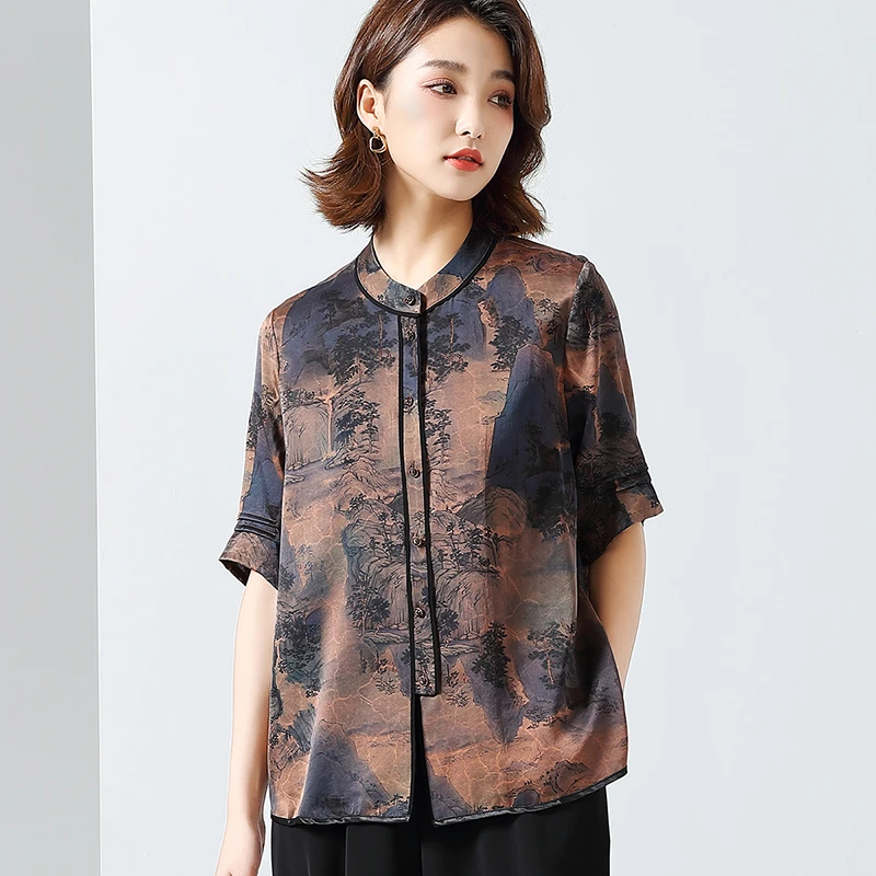 金菊 龟纹香云纱！立领短袖上衣山水画印花夏季桑蚕丝女式T恤