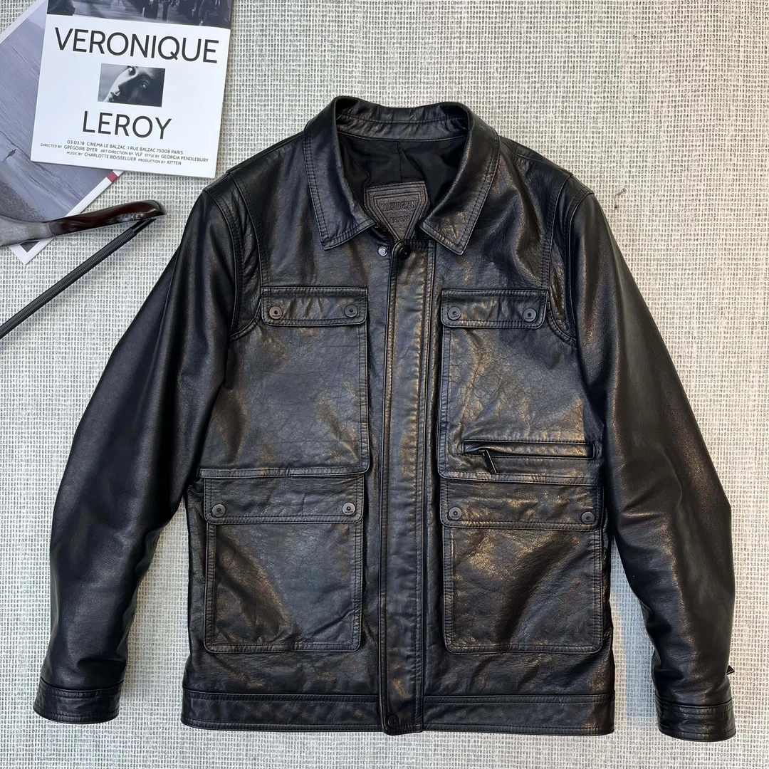 [鑫绅铭]头层牛皮复古油蜡皮时尚短款翻领多口袋男士皮衣