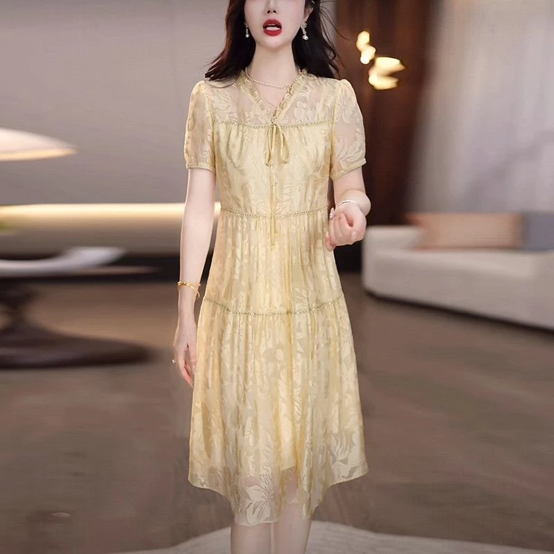 轻奢琉璃丝宽松A字连衣裙气质名媛裙2025夏新款显瘦中长款礼服裙