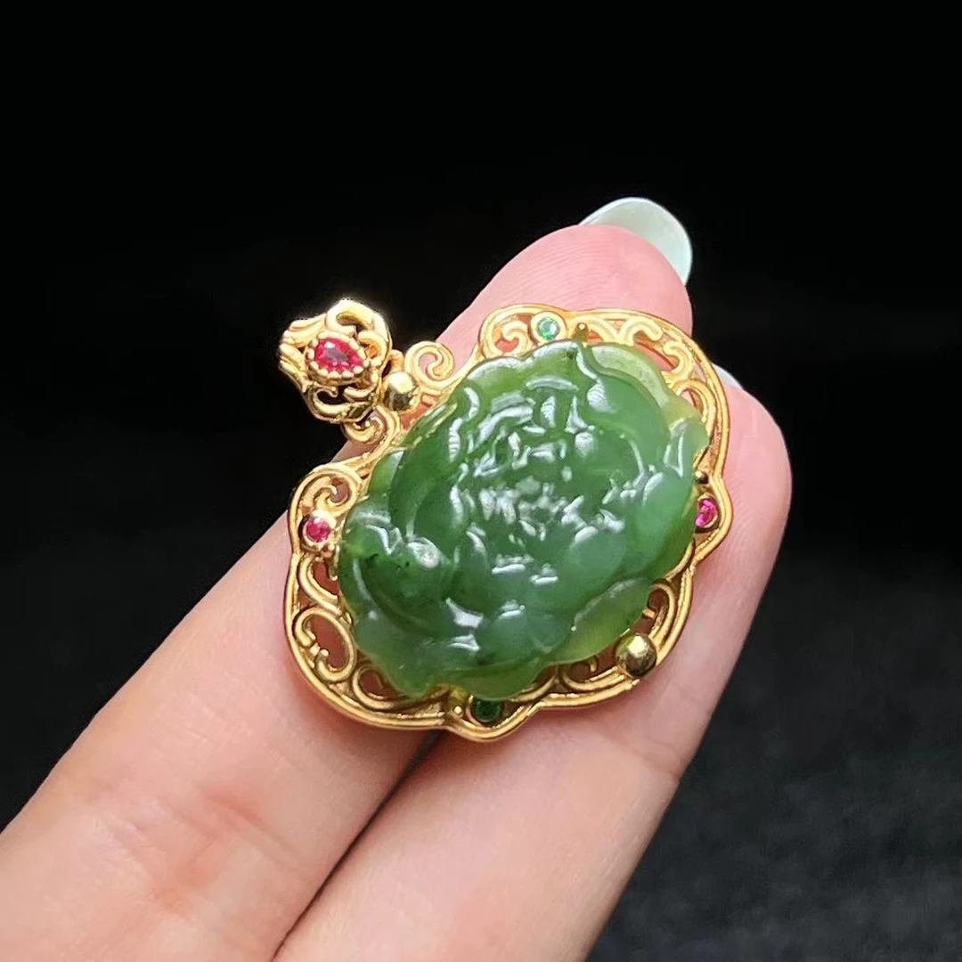 和田玉牡丹花S925银镶吊坠（尺寸25*18*8）- BXY030