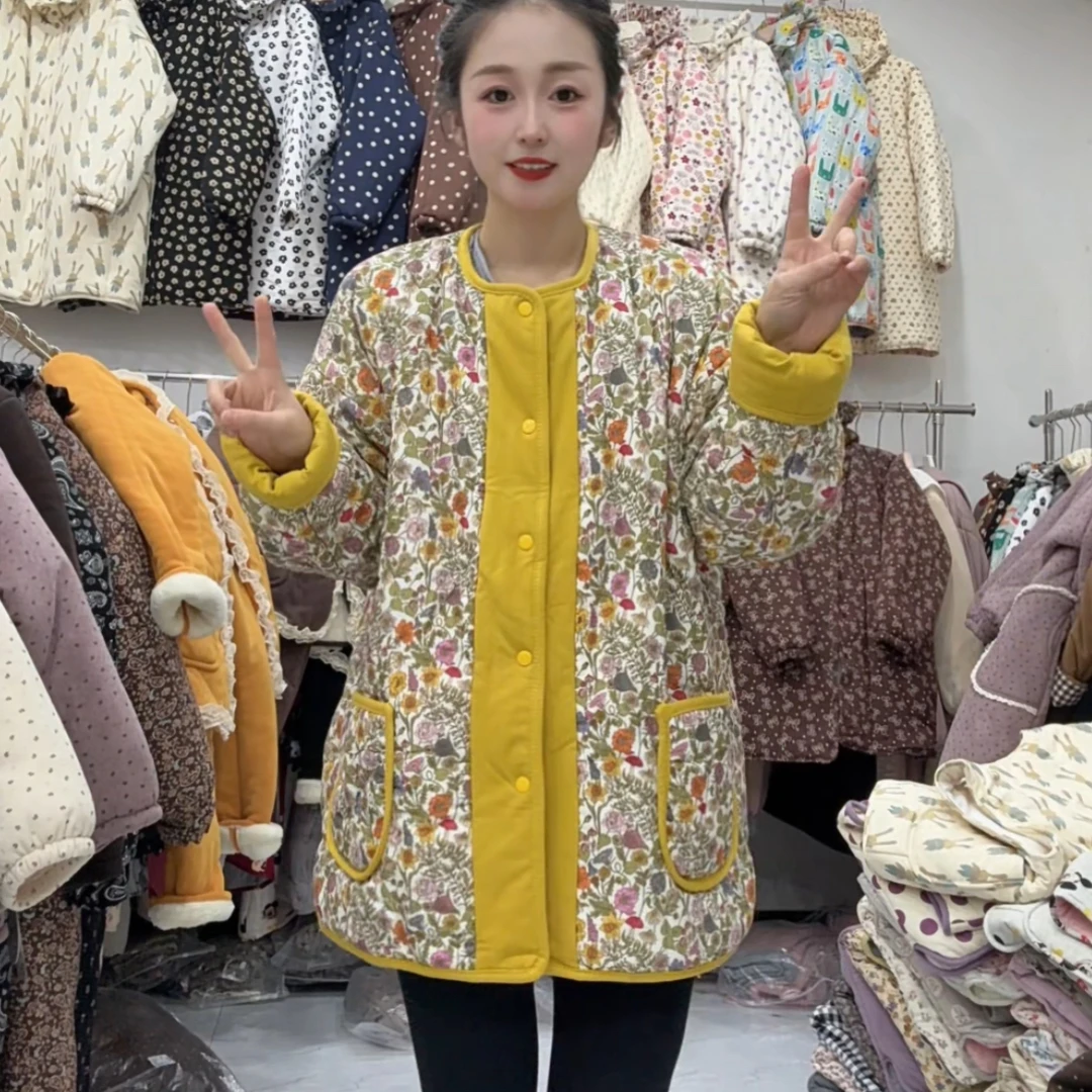 黄色拼接碎花棉花衣（衣长75左右）