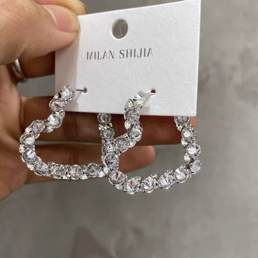 铜合金锦纶耳饰 925银针锆石爱心耳圈