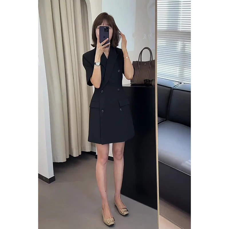 2025春夏新款气场强大女装小香风小个子黑色职业收腰西装连衣裙子