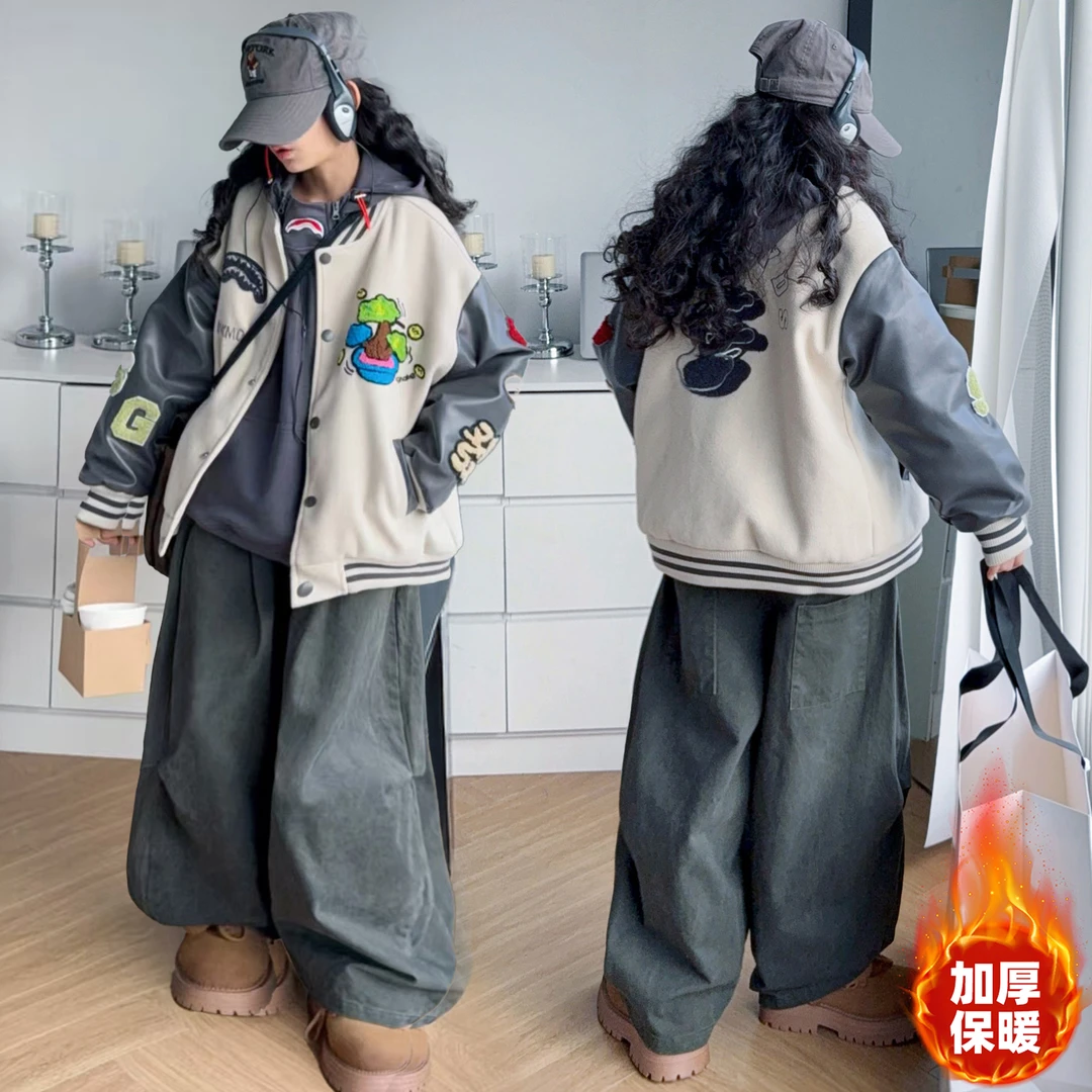 女童加厚棒球服套装2025秋冬新款夹棉美式休闲夹克外套加绒打底衫