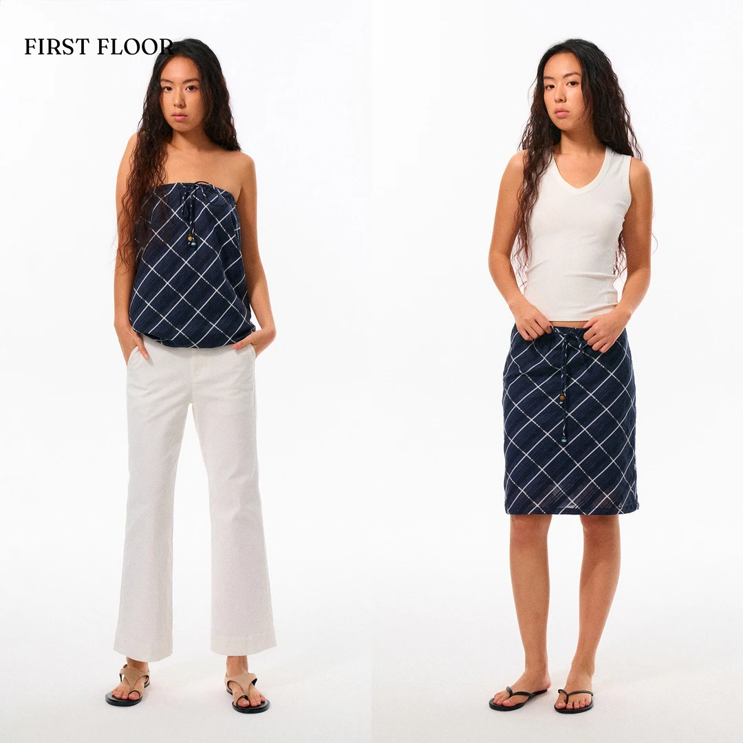 FIRSTFLOOR原创复古设计高级感格纹宽松两穿抹胸半裙