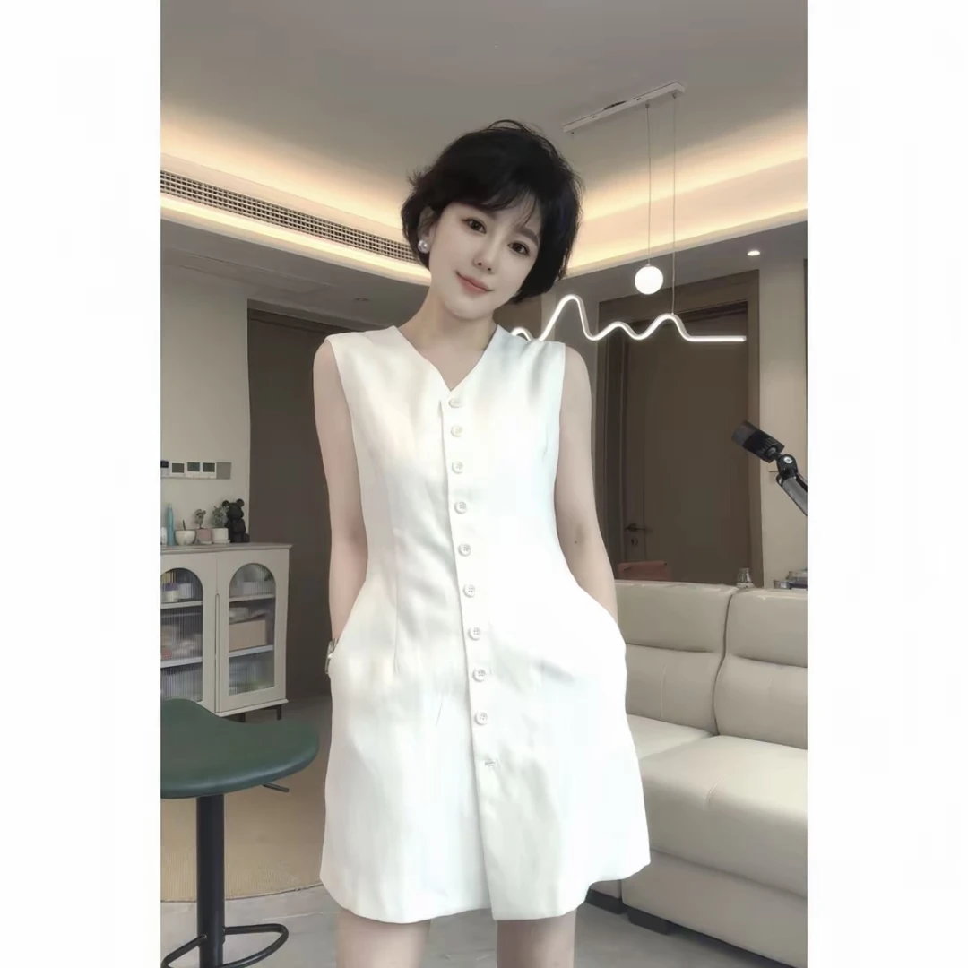 夏季无袖老钱风中腰连衣裙时尚法式复古极简风新款显瘦裙子