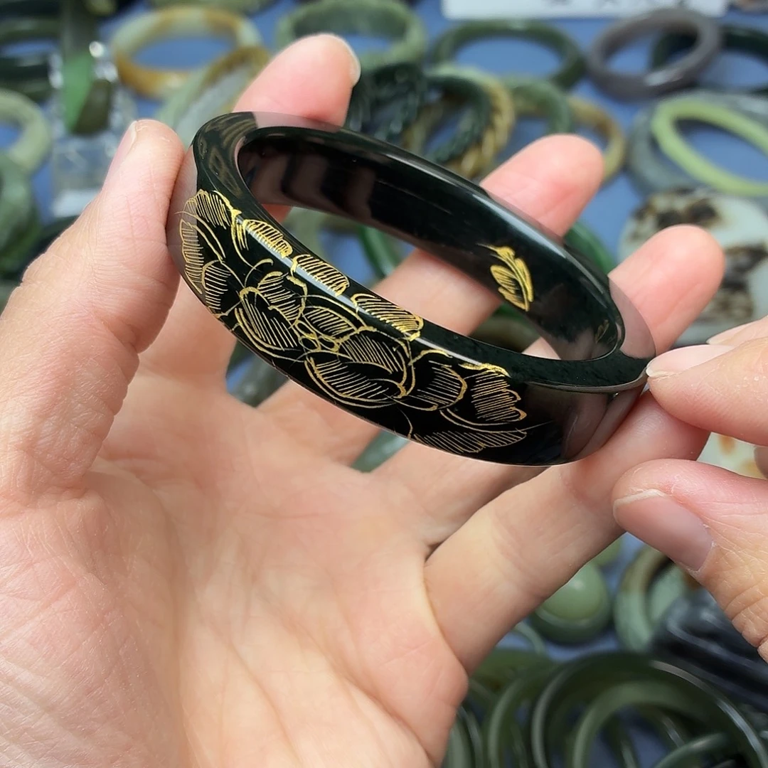 和田玉（青玉）未镶嵌手镯圈口62.6mm描金款花开富贵