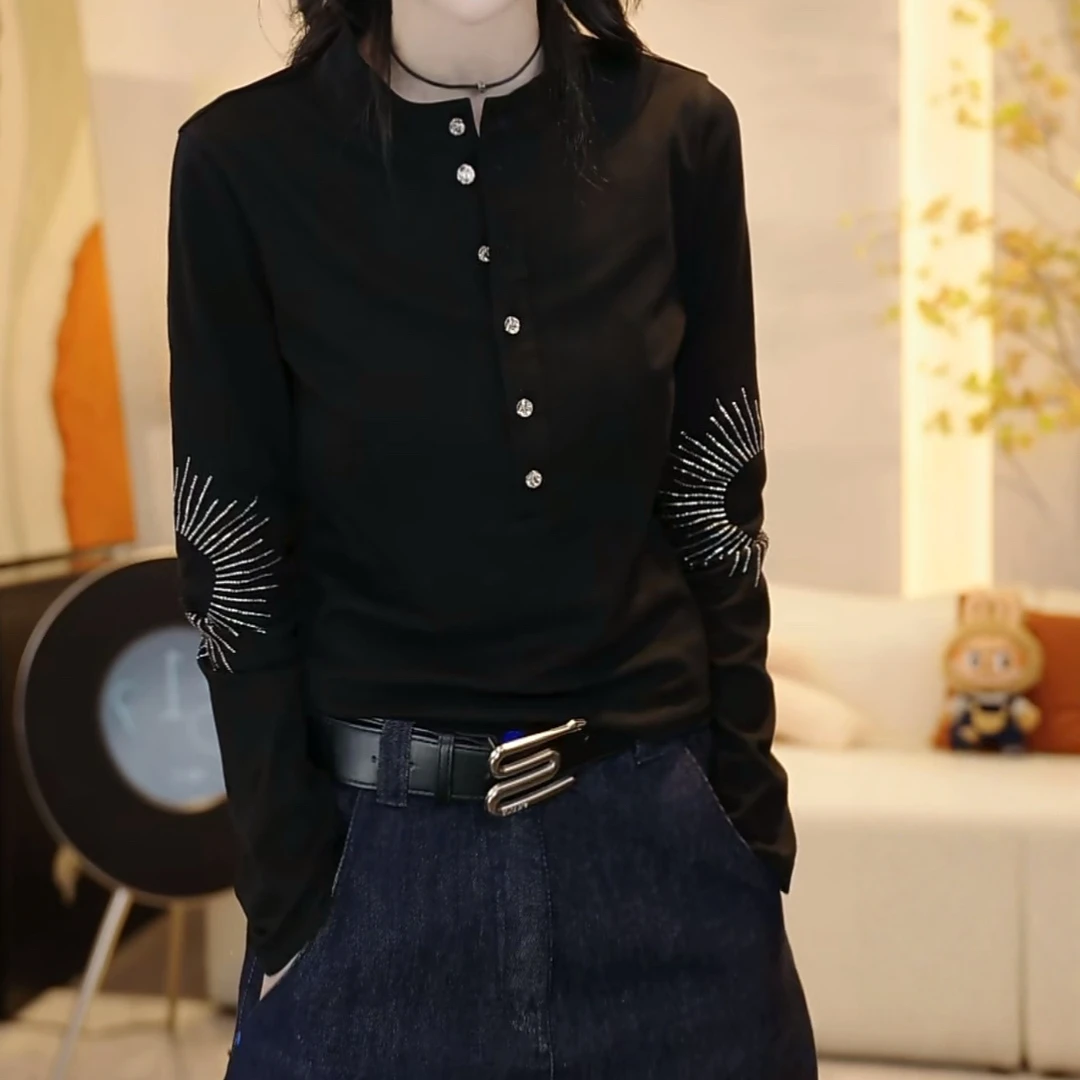 秋季设计感极简风高定烫钻长袖T恤女2025新款时尚休闲百搭上衣