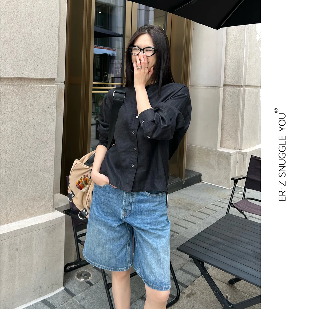 ERZ墨小墨|2025春季新款小众设计师款长袖汉麻立领衬衫85511C260