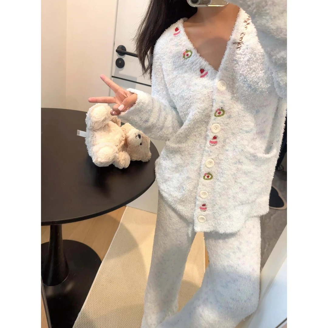 【甜品派对】小香风针织睡衣女秋冬季套装半边绒加厚毛衣款家居服