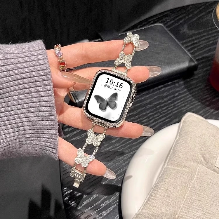 适用苹果iwatchS11表带applewatch10手表蝴蝶镶钻S9/8表链7女腕带