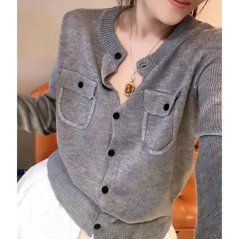 短款洋气针织衫2025年新款纯色净版纽扣长袖早秋上衣宽松气质开衫