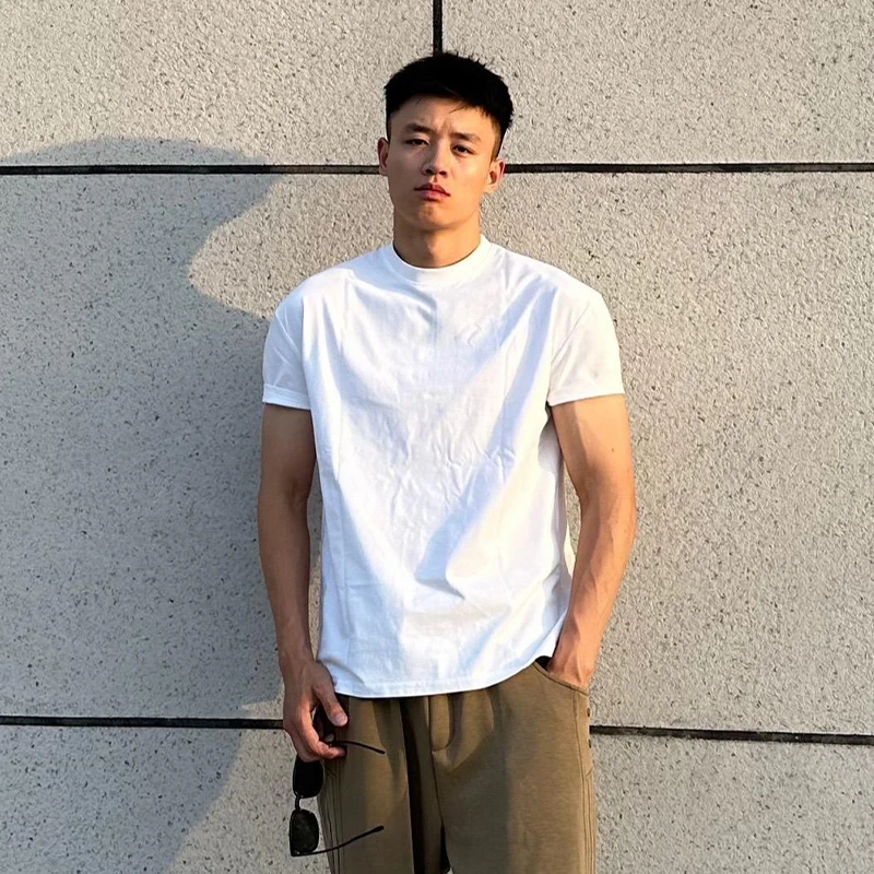 白色美式小领口正肩t恤男夏季弹力健身短袖显肌肉运动内搭三分袖