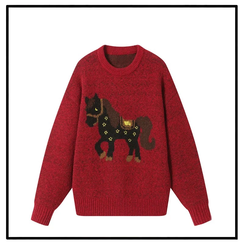 美式复古设计感休闲简约小马刺绣针织衫毛衣秋冬新款宽松百搭上衣