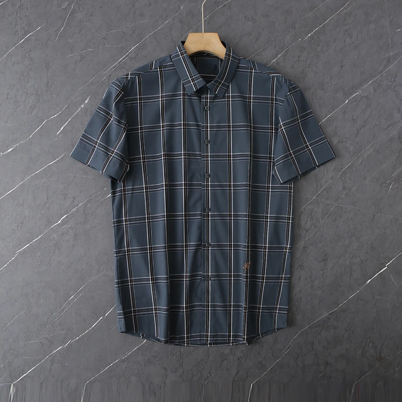 HS354剪标夏季男士短袖格纹天丝混纺衬衫时尚舒适衬衣