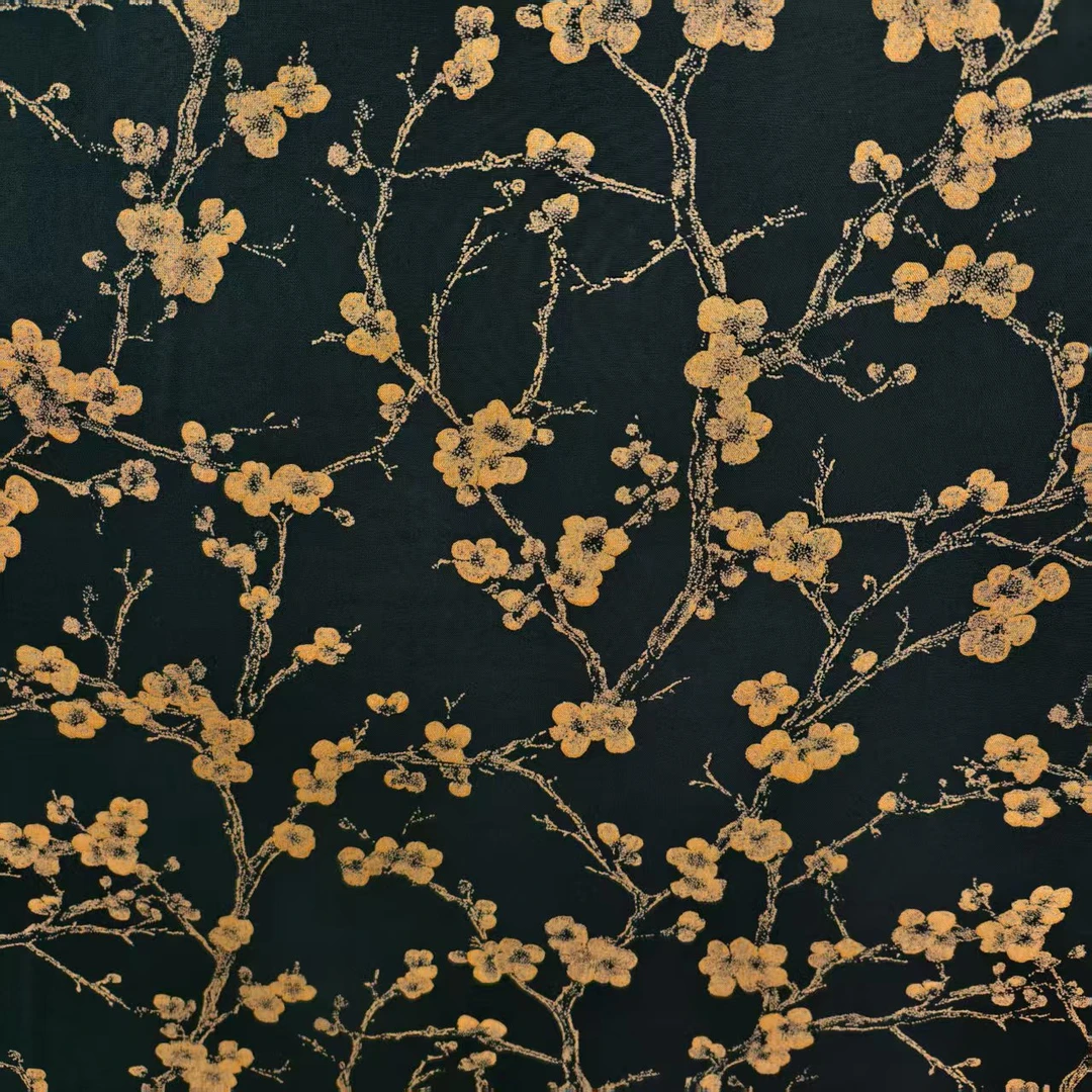 重磅全棉雕印绵绸雕印咖色梅花连衣裙大摆裙旗袍人造棉布料