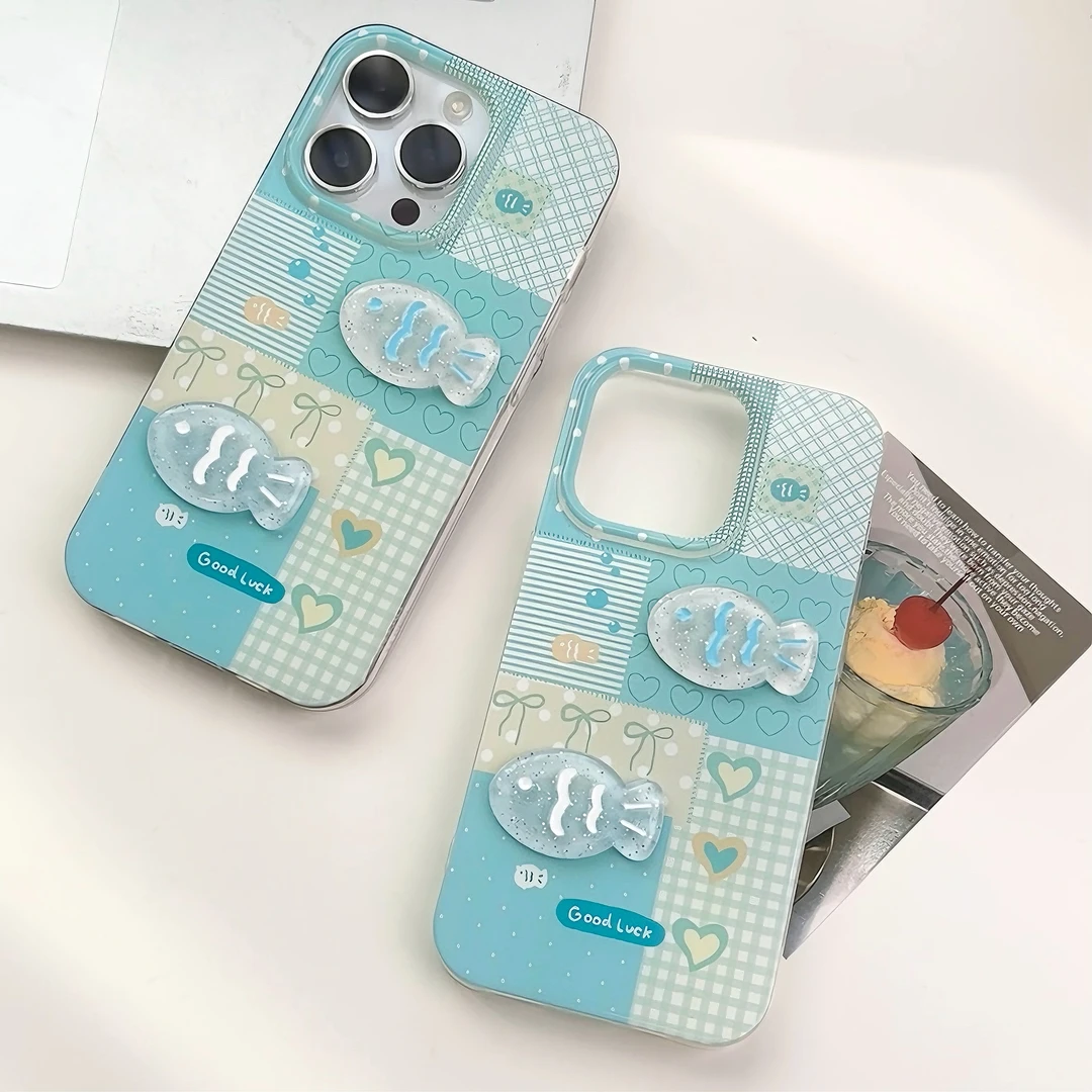 雅天立格纹小鱼适用iPhone16苹果13/15手机壳14华为vivo小米oppo