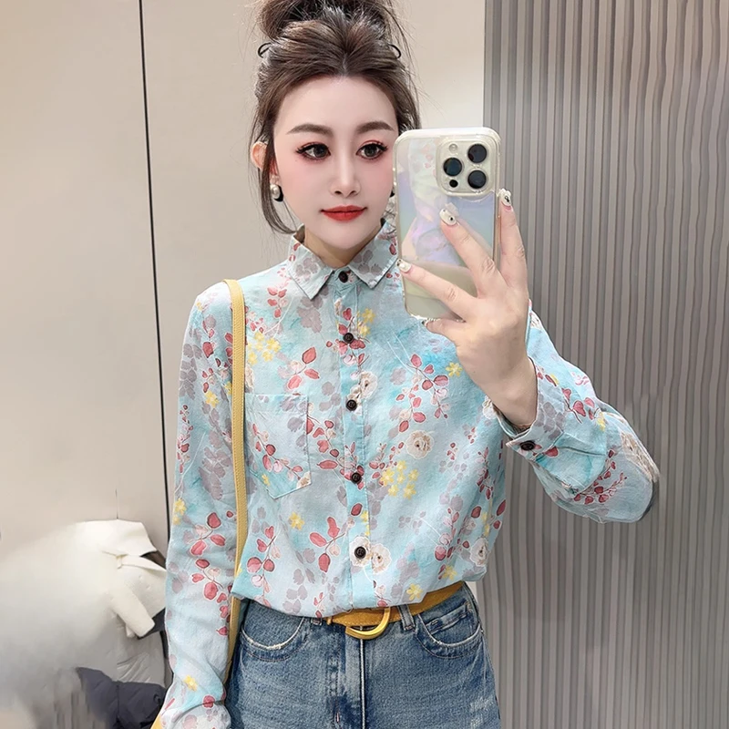 韩版碎花小衫长袖衬衫女2025春季新款减龄洋气休闲设计感上衣