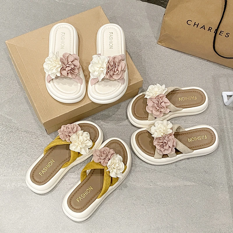 夏季厚底花朵一字拖女交叉带拖鞋软底ins欧若智性风