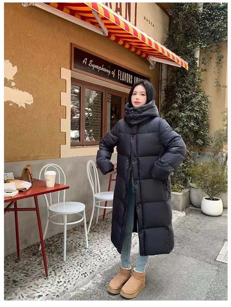 王琳家纯色韩版时尚黑色女款长款百搭羽绒服女士
