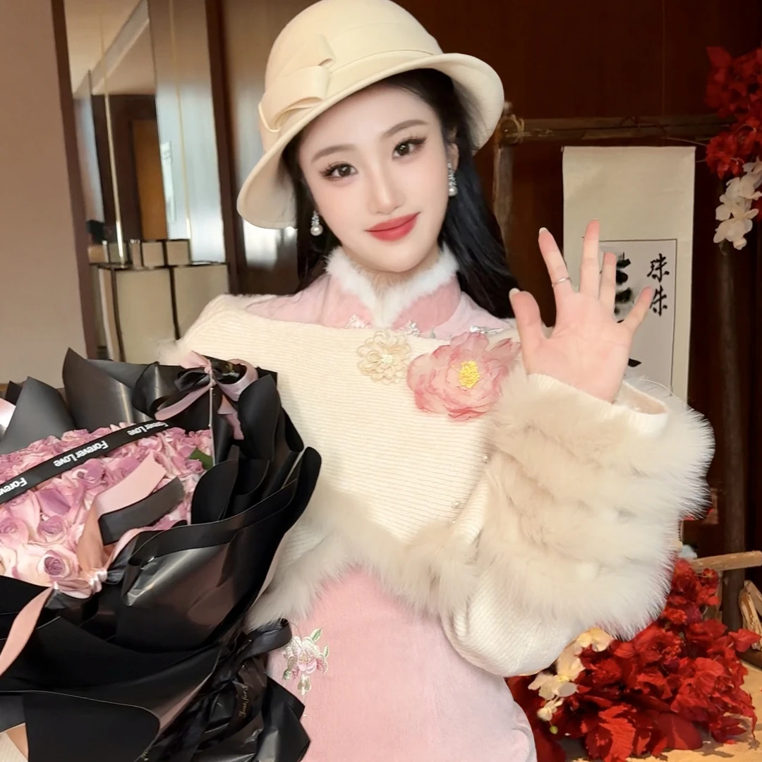 【媛珠 冬日白茶】重工温柔米色狐狸毛披肩羊毛针织上衣百搭贵气