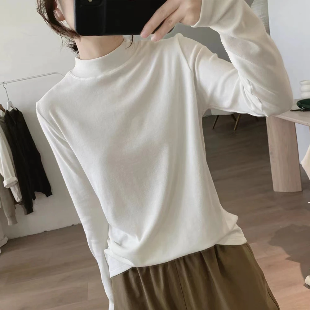 欧货半高领打底衫女秋冬新款洋气宽松套头内搭棉质长袖T恤上衣潮