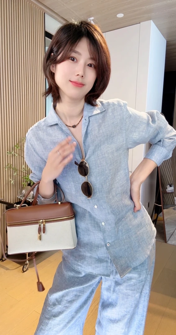 NAN&SEN  L*P老钱风必败！ 定制浅靛蓝100%色织亚麻宽松慵懒衬衫