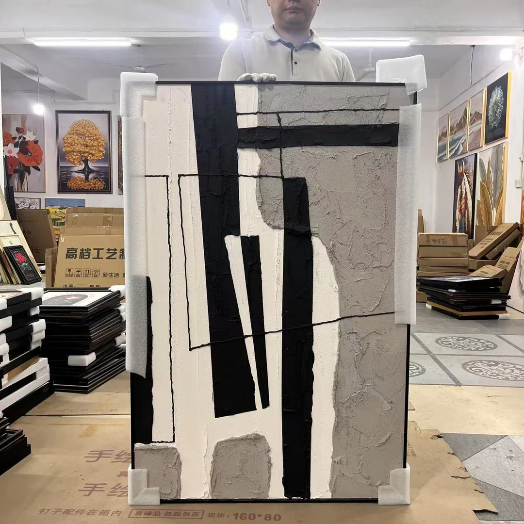 手绘肌理黑白线条油画入户玄关装饰画客厅挂画8120