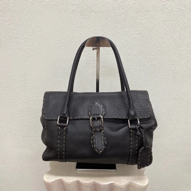 95新 FENDI/芬迪 深棕牛皮外缝线翻盖托特单肩包底长31 118918