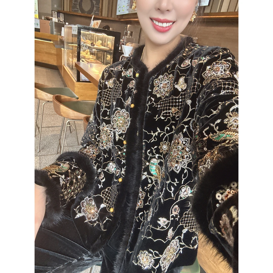 【深圳罗依】原创丝绒棉衣女桑蚕丝绒绣花亮片新中式宽松显瘦棉服