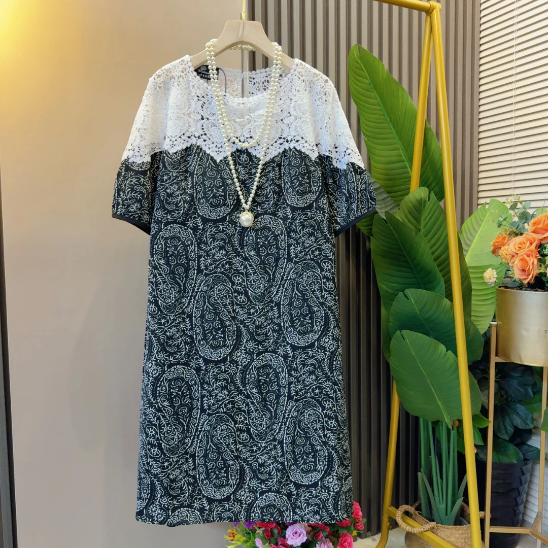 时尚气质欧货夏季新款镂空拼接气质连衣裙百搭裙长98左右