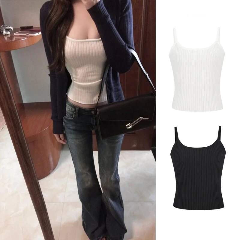 Moses Queen/魔西女王藏青色纽扣开衫针织衫时髦内搭叠穿吊带背心