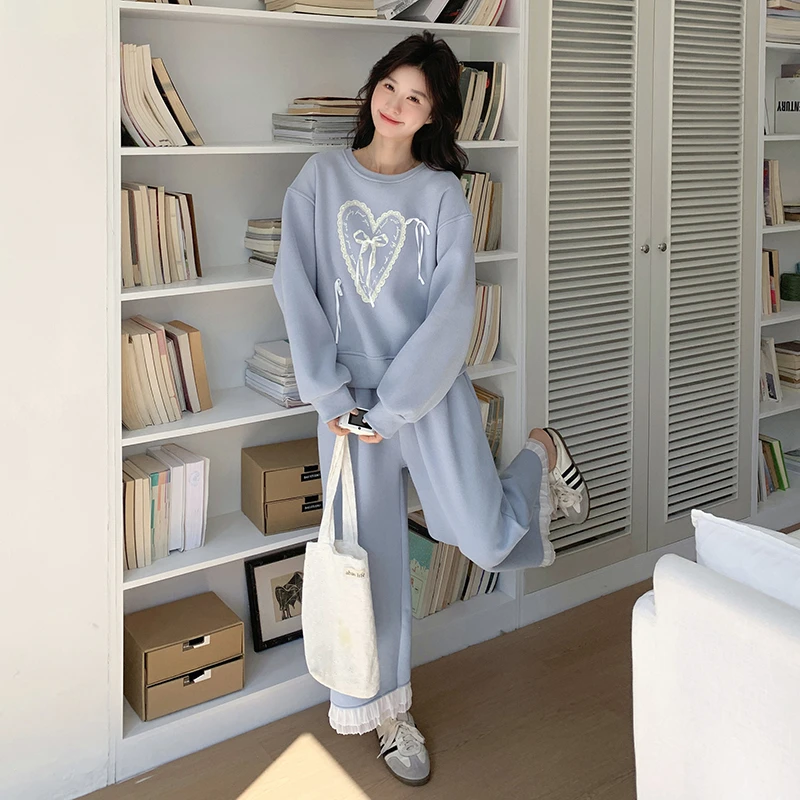 蕾丝拼接蓝色休闲运动卫衣套装女春秋2025新款阔腿裤设计感两件套