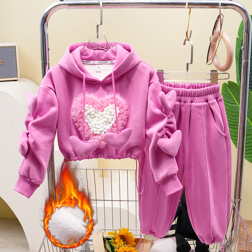 亲子装秋冬新款女童洋气连帽爱心卫衣裤子两件套母女加绒装套装潮