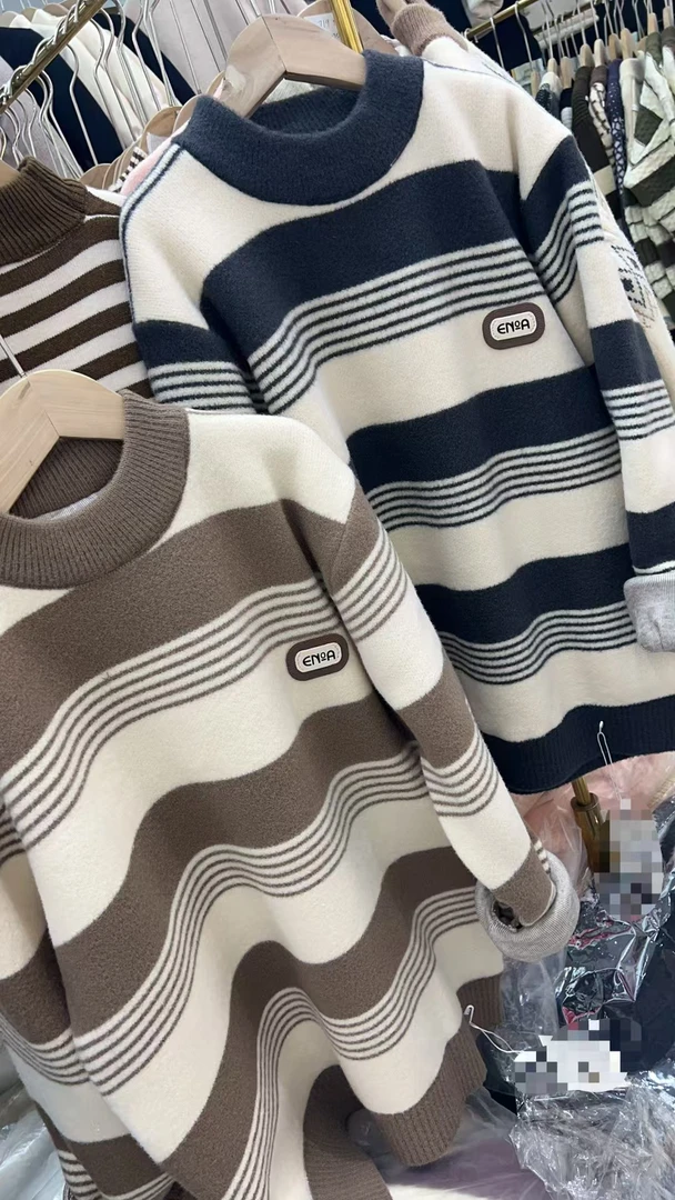 儿童加厚休闲上衣时尚宽松条纹毛衣极简风针织【宽加大纹】