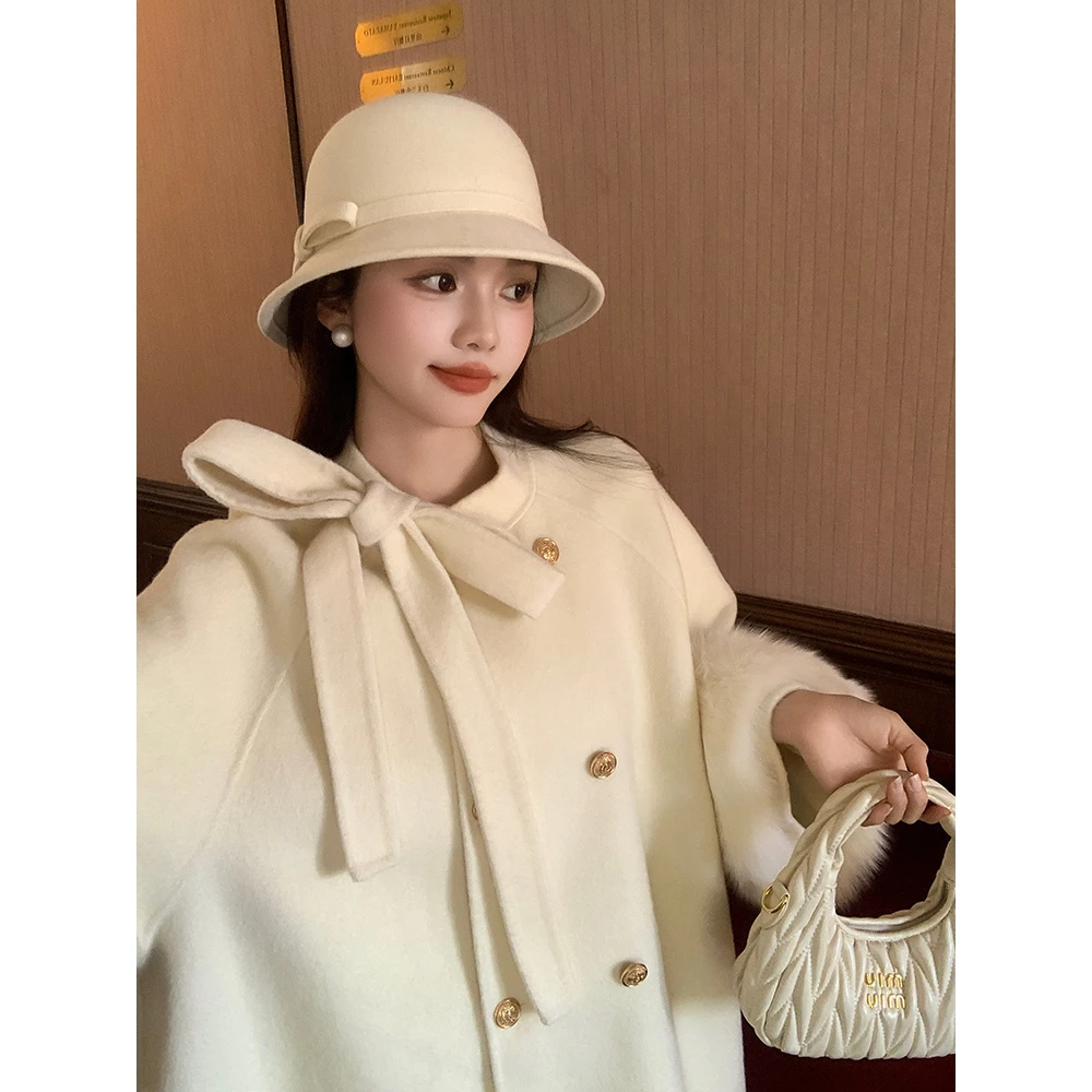 【温莎千金】反季福利蝴蝶结双面羊毛大衣斗篷狐狸毛羊毛呢外套