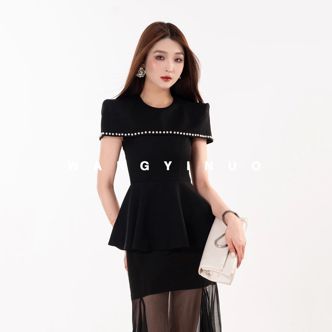 【MD原创×松弛开场】2025夏季新款珍珠设计感法式修身显瘦短袖上衣
