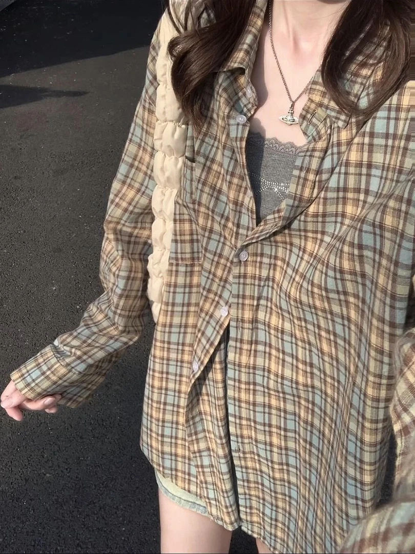 美式街头长袖格子衬衫女叠穿内搭港风宽松休闲显瘦小个子气质上衣